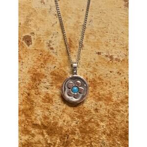 Handmade Sterling Silver Flower Pendant Turquoise Center 15 Inch Chain